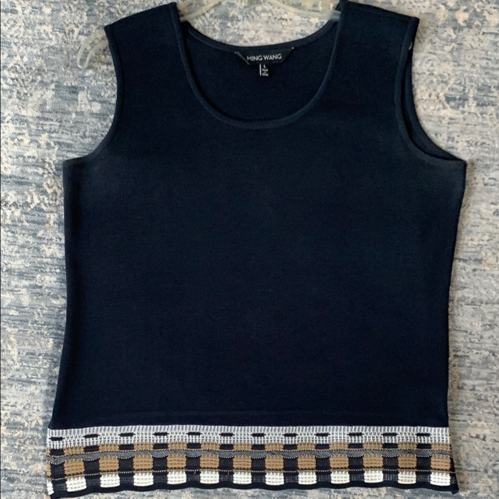 Ming Wang Dark Navy, Tan and White Geometric Cardigan Sweater - Picture 6 of 7